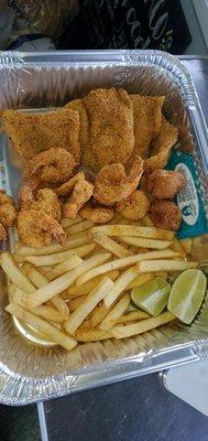 4pc fish,10 shrimp, fries and hush puppies !!