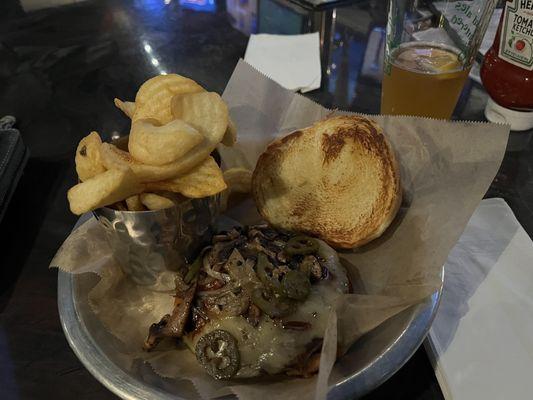 Delicious burger that I added grilled mushrooms to! Unique house fries are great too!