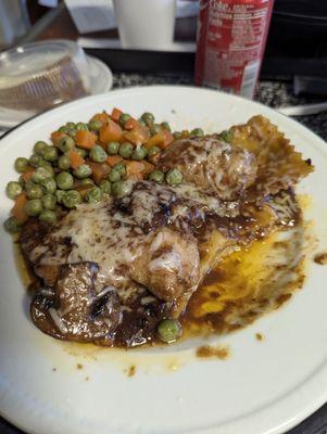 Dinner after Surgery, Chicken Marsala with Ravioli and Peas and carrots, with a dinner salad, and Cheesecake for desert!