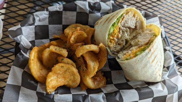 Chicken bacon ranch wrap and fries.