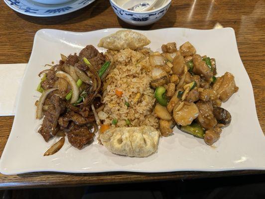 Combo E- almond chicken and Mongolian Beef, upgrade to fried rice.