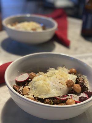 The large Fried Brussels Spouts Salad split into two - with fried egg, radish, dried cherry, and (hazel?)nuts. Good but filling!