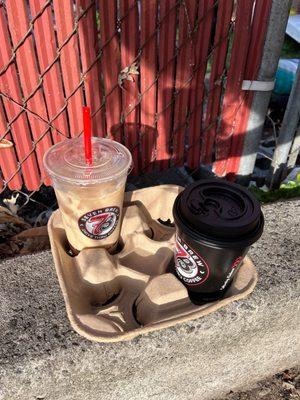 Medium iced latte with toffee and medium caramel macchiato. Both great!