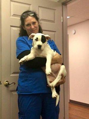 Carol and a sweet fur baby.