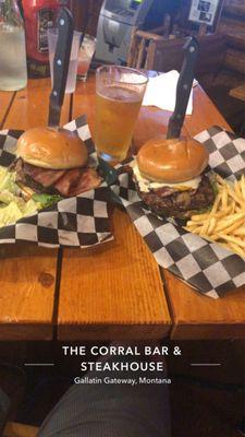 Corral Burger with fries  Black and Bleu Burger with Caesar salad