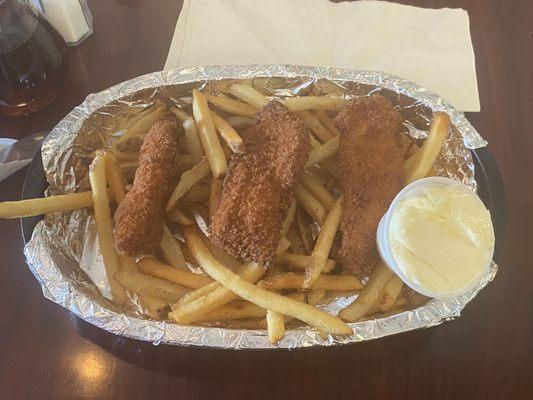 Kids Chicken Tenders with fries and a side of mayo.