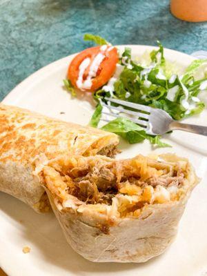 Carnitas,rice and cheese burrito