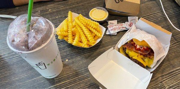 Cheese Fries, Smokeshack Double Burger, Float - Purple Cow