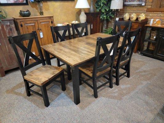 Alamo Table and Denver Side Chairs shown in Rough Sawn Brown Maple, with an almond stain and Ebony stain