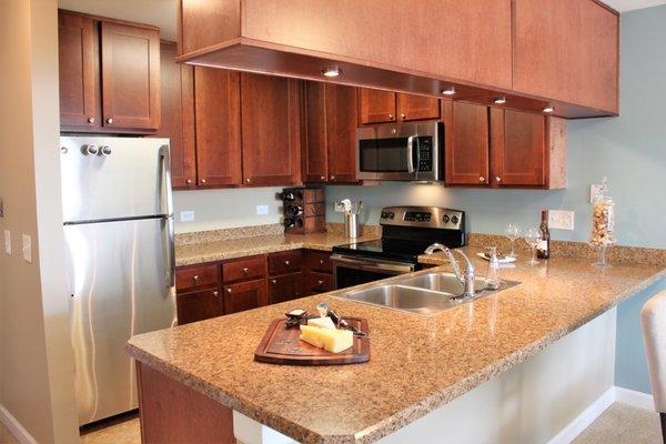 Brookstone Plus Kitchen is our most spacious kitchen. Cabinetry that goes all the way to the ceiling provides an abundance of storage.