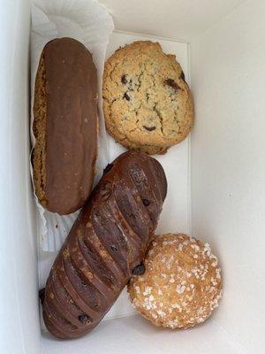 Coffee eclair, chocolate cookie, chocolate bread, and chouquette