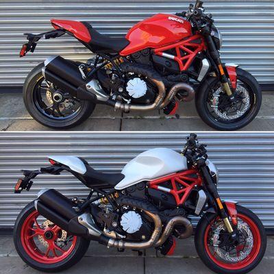 Brand new Ducati Monster came in for a new paint job and wheel powder coating. Here is a before and after!