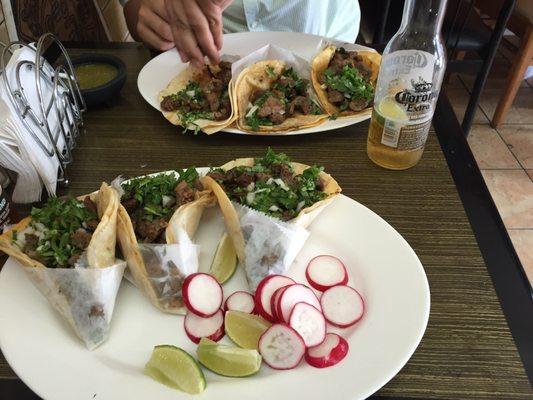 Steak tacos. They are huge! Nice flavor.