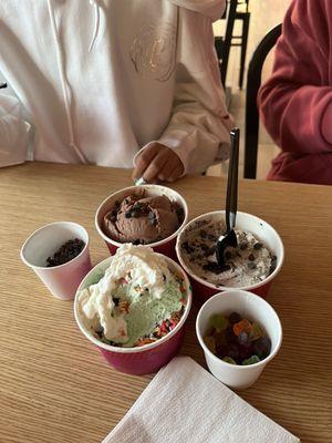 Mint chocolate chip, Oreo, chocolate ice creams with very generous sides of gummy bears and chocolate chips