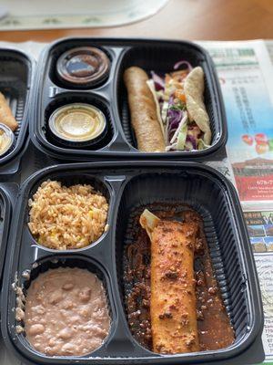 Create Your Own Combo (pick 3) -- beef enchilada with chile con carne, fish taco, and chicken flauta with Mexican rice and refried beans