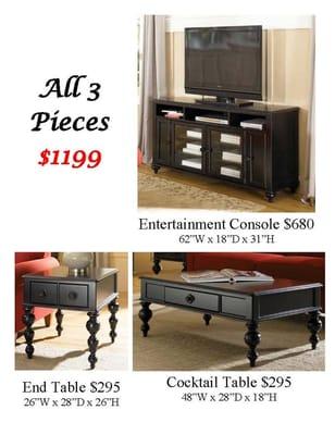 1 Entertainment Console, 1 Cocktail Table, & 1 End Table for $1199