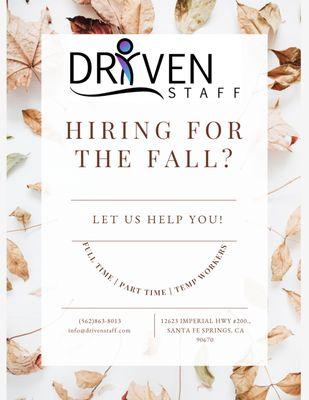 Need top-quality workers for your company? Look no further!  Driven Staff is here to help you find the best talent in the industry.