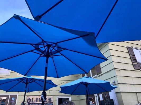 Sitting under the beautiful blue umbrellas