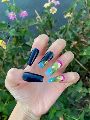 Colorful black and marble nails with gold flakes