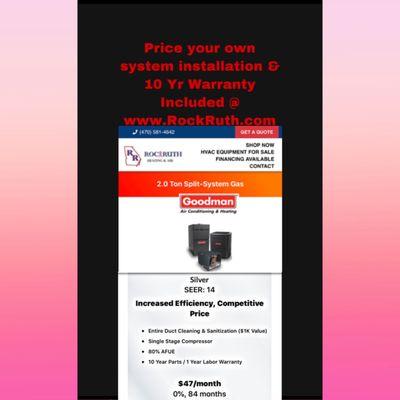 HVAC Online Pricing with no pushy salesman and comes with a free assessment. No 3rd party Install as most e-commerce offers.