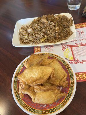 Small shrimp fried rice and crab Rangoon