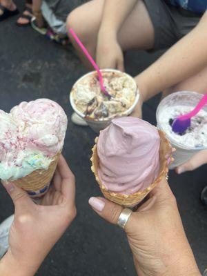 Raspberry cheesecake, salted carmel, Oreo cyclone, and blueberry swirled with bubblegum