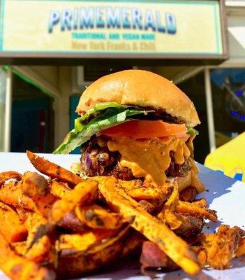 Vegan Burger and Hand Cut Sweet Potato Fries.