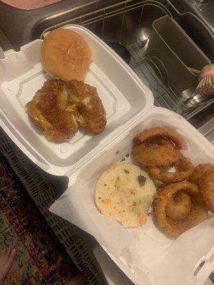 The "pretzel" chicken sandwich and onion rings