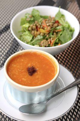 Lentil soup and house salad that came with entrees