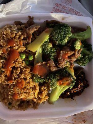 Broccoli beef with fried rice