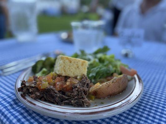 Pulled Beef for dinner w cornbread potatoes and salad