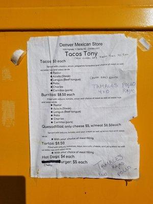 Tony Taco menu