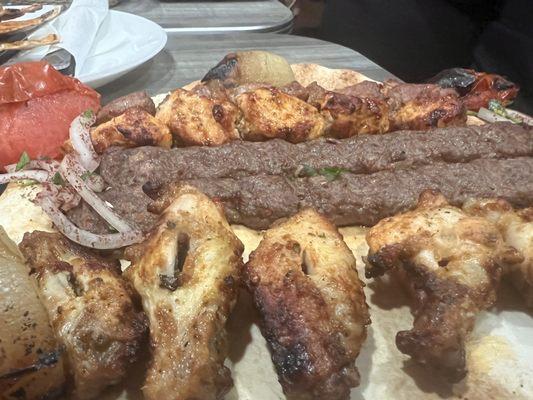 Beef kabab, chicken wings lamb and boneless chicken