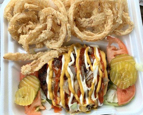 Onion rings, bunless burger