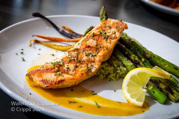 Grilled King Salmon
 Heirloom carrots, asparagus, cilantro rice, lemon miso sauce