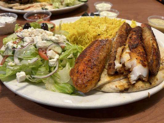 Blackened fish Platter. Comes with choice of two sides.