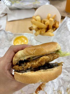 Crispy Chicken Sandwich with Cheese Fries.