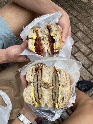 Above: bagel sandwich with bacon Bottom: bagel sandwich with sausage