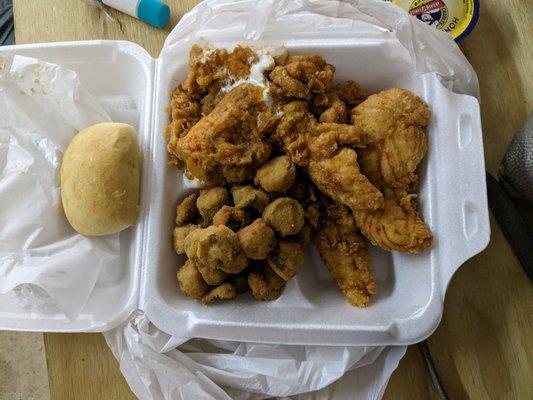 Roll, fried okra, sweet potatoes, chicken tenders