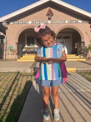 First day of school for this 4-yo! This is the front of the Woodcrest Montessori education center.