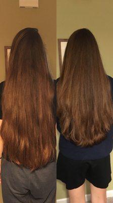 Before and after. Asked for 3 inches off and long layers