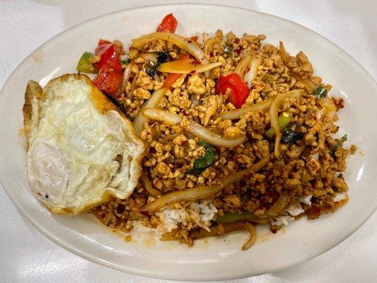 Famous rice bowl Thai national minced chicken  fried egg and rice