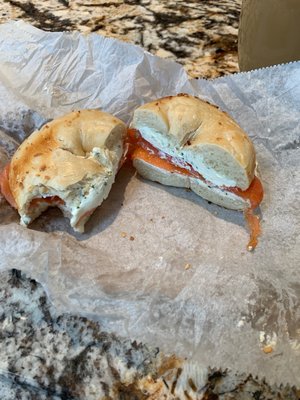 Onion bagel with lox and scallion cream cheese