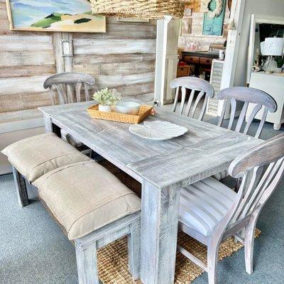 Hand crafted table and bench with chairs