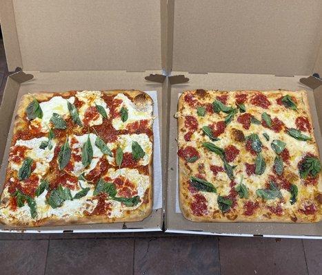 Grandpa Pizza (left, with the fresh mozzarella); Grandma Pizza (right)