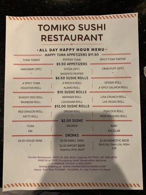 Happy Hour menu