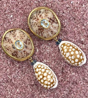 Limpet earrings set with Aquamarines   Drops of specimen Cyprea