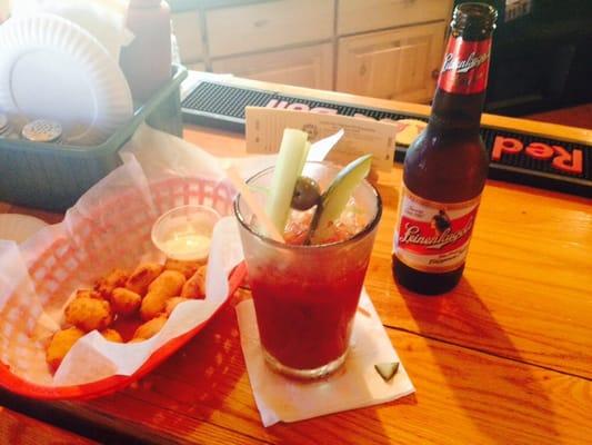 Yummy lunch at Pioneer Bar...  Bloody Mary's and cheese curds :)