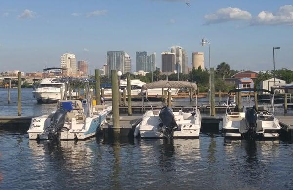 Freedom Boat Club at Rick's on the river Grand Opening party w 8 boats and a nice view of Downtown