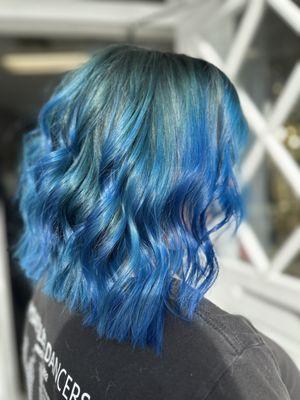 Hair by Mercedes blue dreams and haircut slight A-line